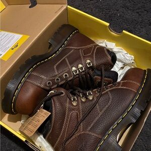 Dr. Martens Brown Leather Lace-Up Work Boots with Yellow Welt Stitching